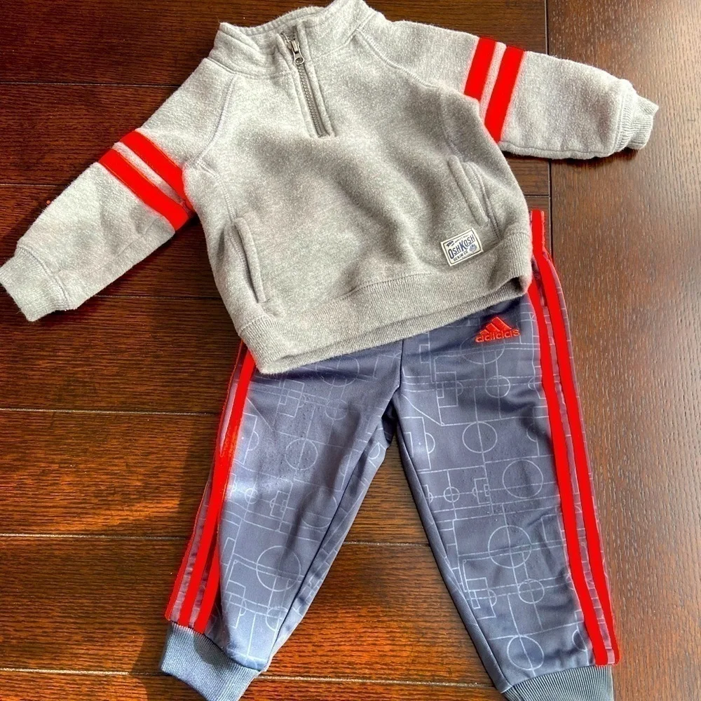 Boys 12 Month Grey and Red Adidas Pants with OshKosh Quarter Zip Sweatshirt